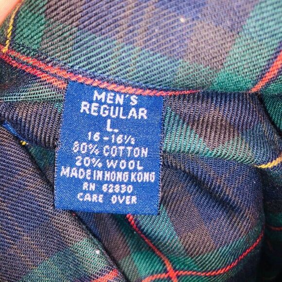 Vintage 80s Lands End Shirt Mens L Blue Green Plaid Long Sleeve Wool Blend - Picture 7 of 7